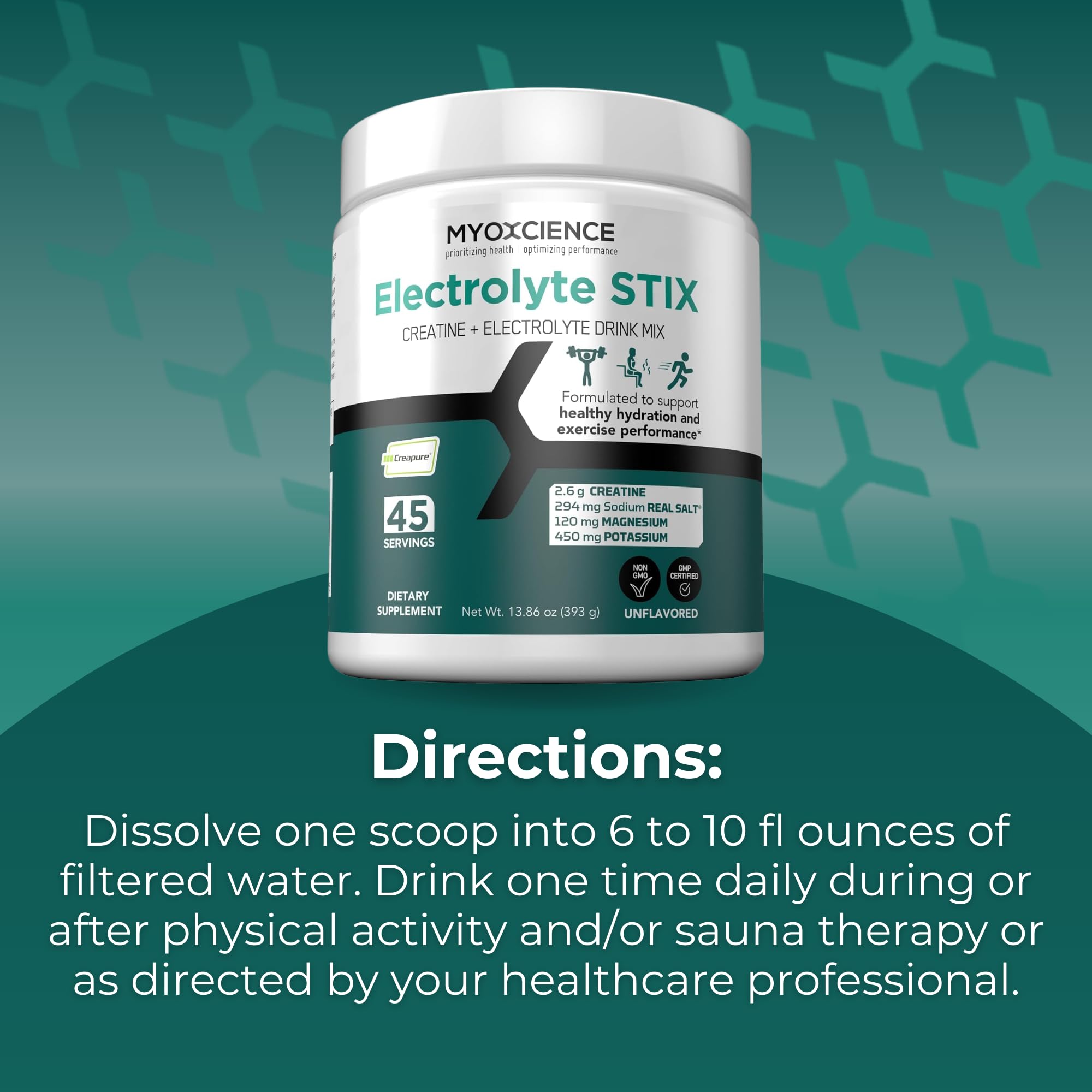 MYOXCIENCE Electrolyte STIX unflavored powder for clean hydration.