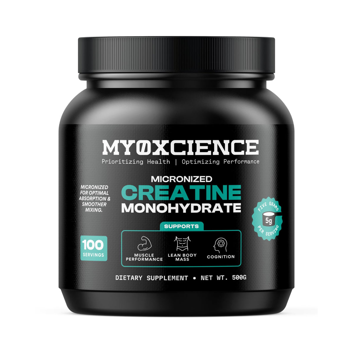 MYOXCIENCE micronized creatine bottle with clear serving information