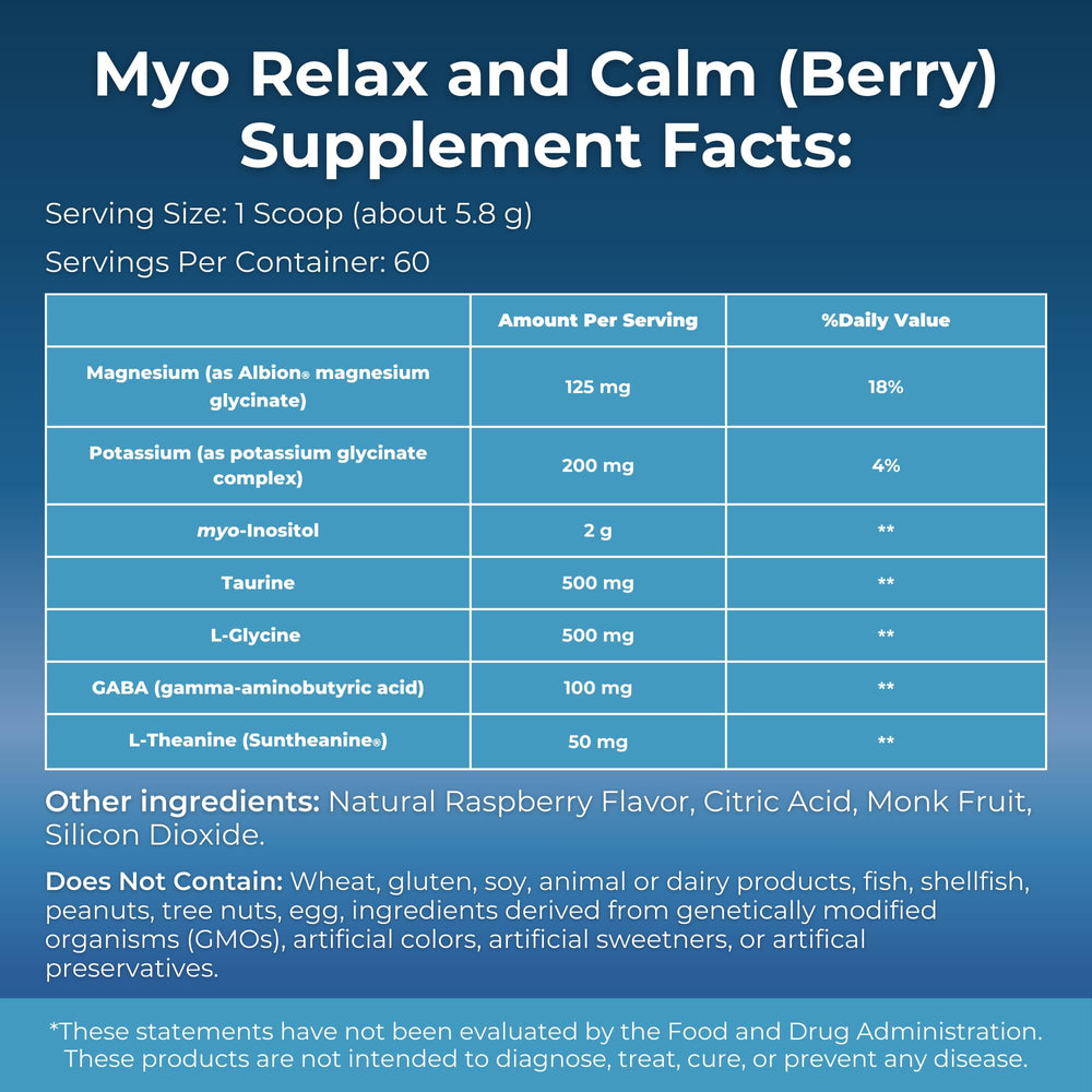 MYOXCIENCE Myo Relax label highlights ingredients for relaxation and balance.