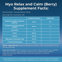 MYOXCIENCE Myo Relax label highlights ingredients for relaxation and balance.