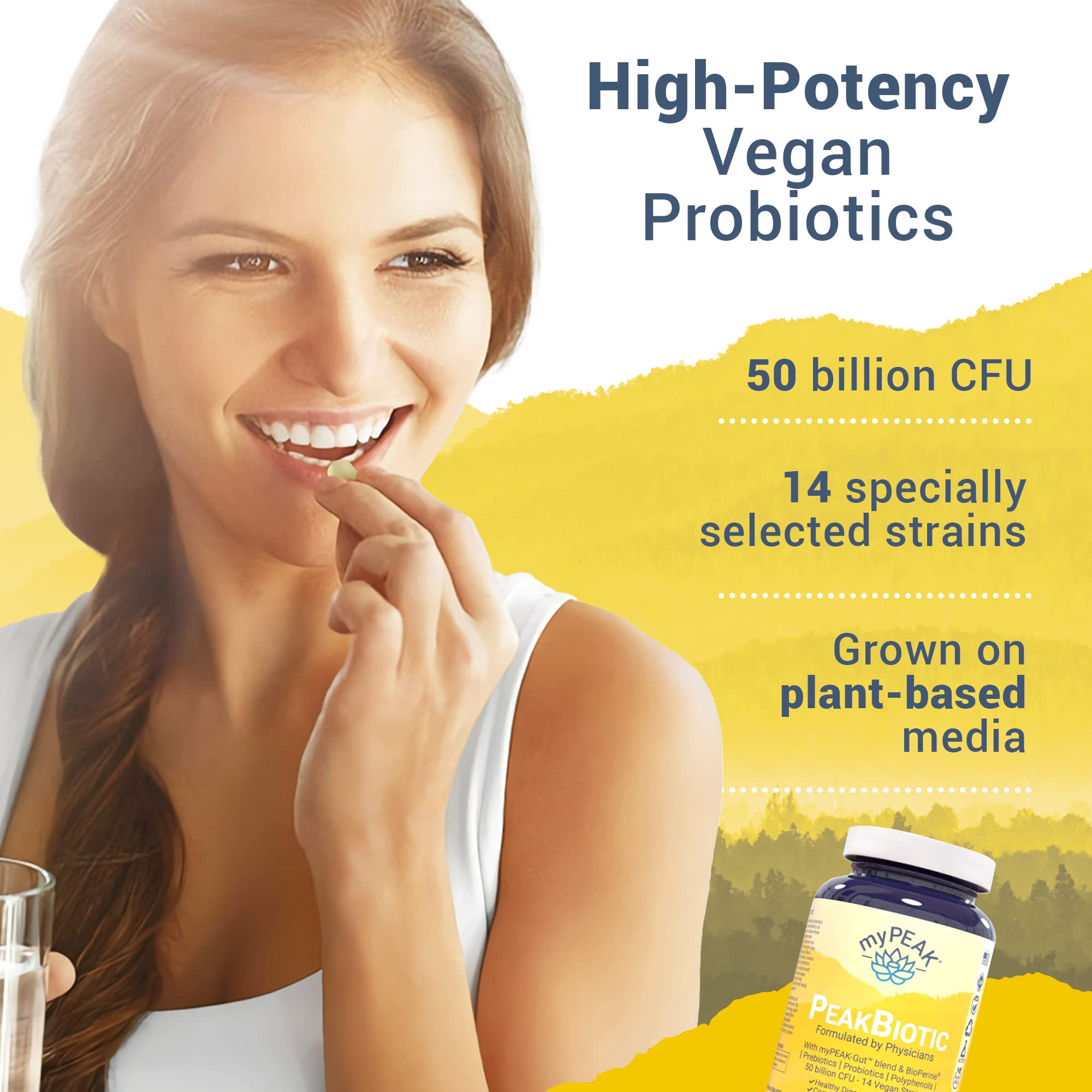 myPEAK PeakBiotic capsules in hand ready for daily mood and focus support.