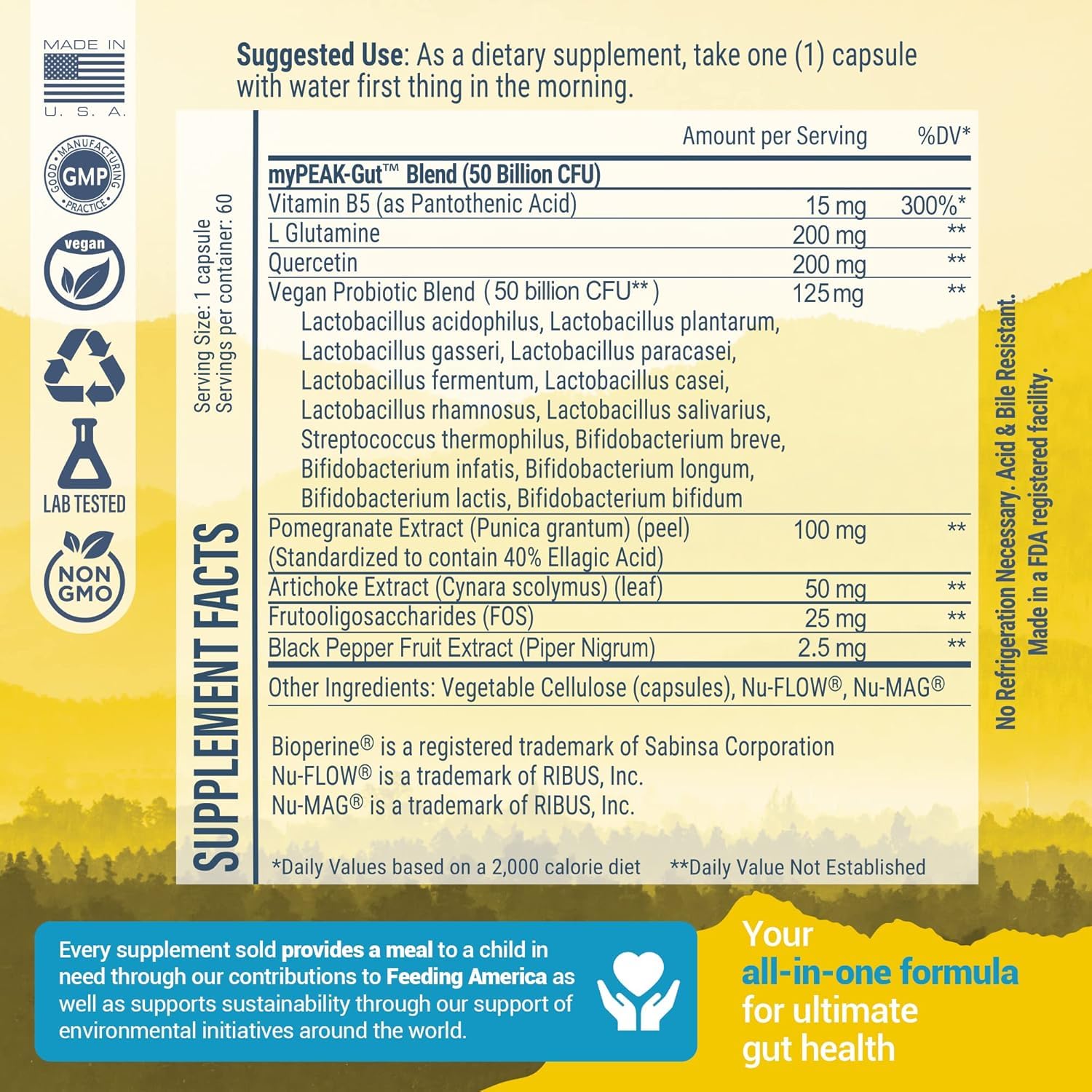myPEAK PeakBiotic label confirms vegan, non-GMO ingredients.