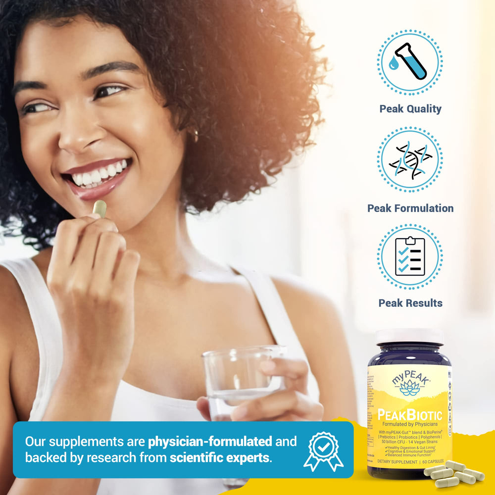 myPEAK PeakBiotic usage scene with two-month supply on desk.