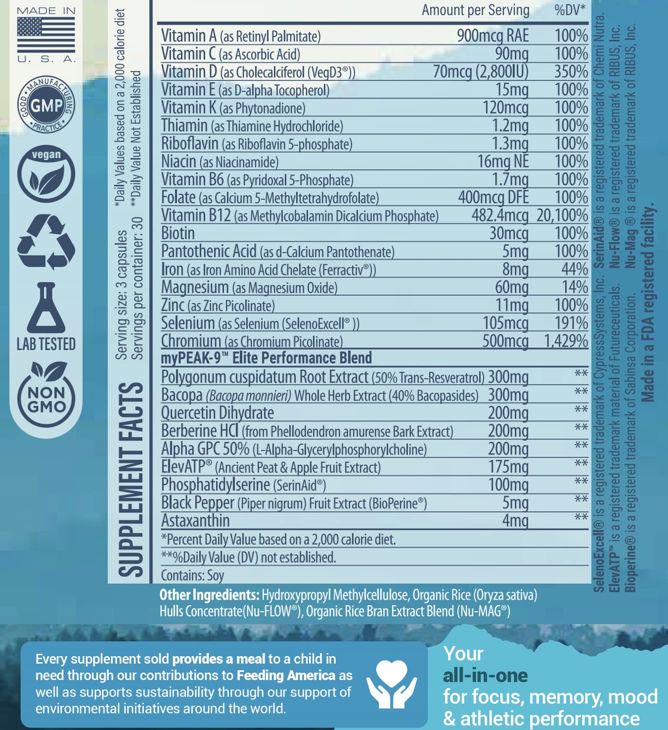 MyPEAK Wellness label close-up highlighting ElevATP vegan formula.
