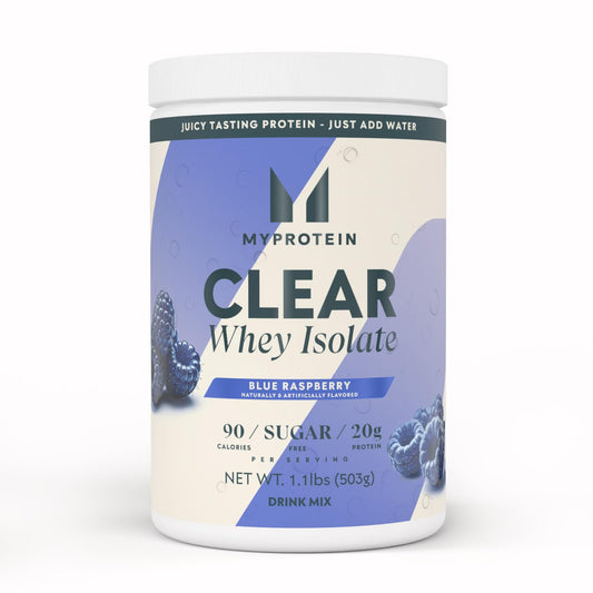 Myprotein Clear Whey Isolate blue raspberry bottle, a refreshing protein option for quick recovery