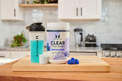 Myprotein Clear Whey Isolate blue raspberry label highlighting 20g protein per serving