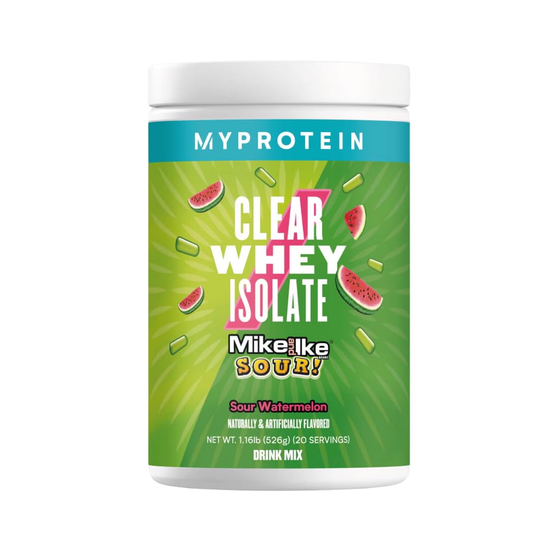 Myprotein Clear Whey Isolate bottle on counter, showcasing fruity protein option.