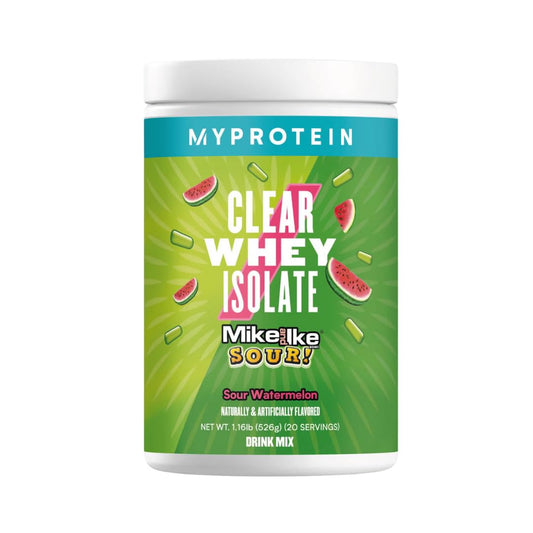 Myprotein Clear Whey Isolate bottle on counter, showcasing fruity protein option.