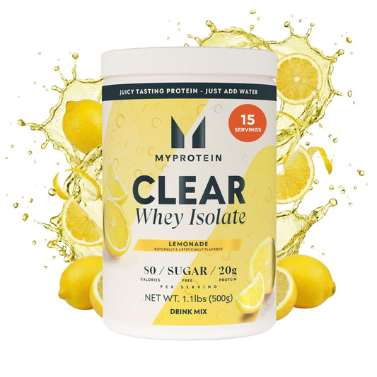 Myprotein Clear Whey Isolate Lemonade bottle shows a refreshing protein drink for post-workout hydration