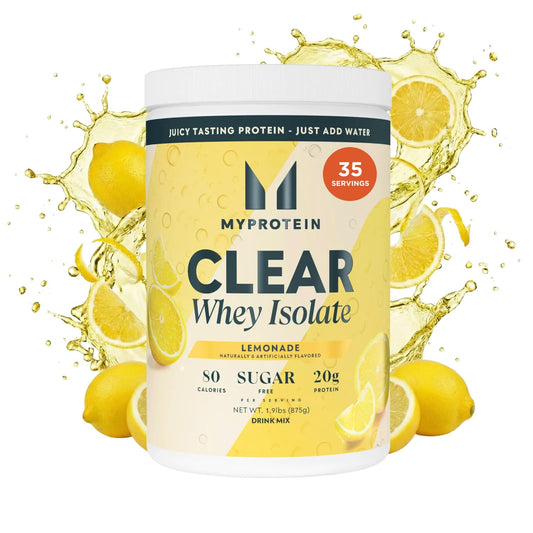 Myprotein Clear Whey Isolate Lemonade bottle for a refreshing, high-protein workout drink.
