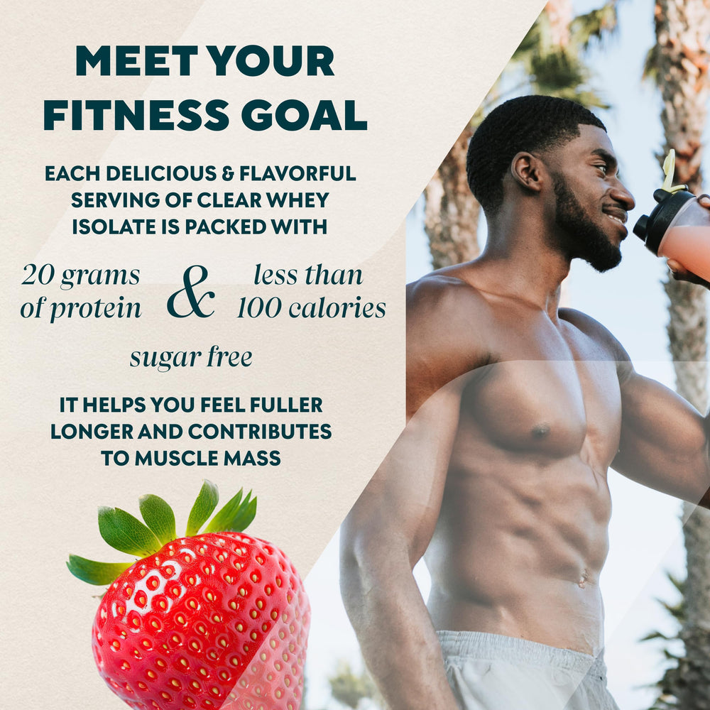Myprotein Clear Whey Isolate packaging highlights 35 servings and low calories.