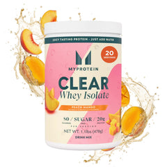 Myprotein Clear Whey Isolate Peach Mango bottle pour, a refreshing, low-calorie protein boost.