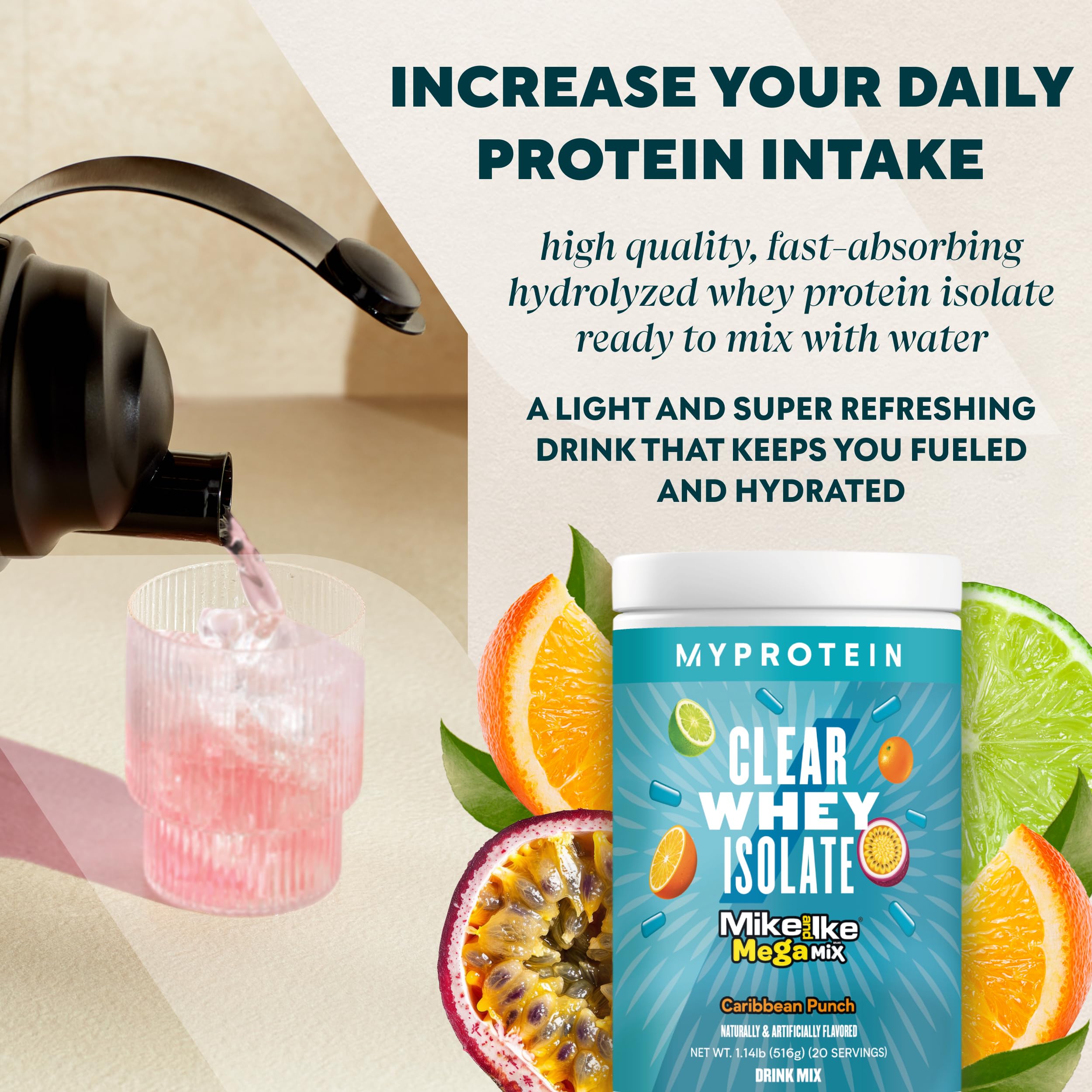 Myprotein Clear Whey Isolate Sour Watermelon packaging showcases flavor variety.