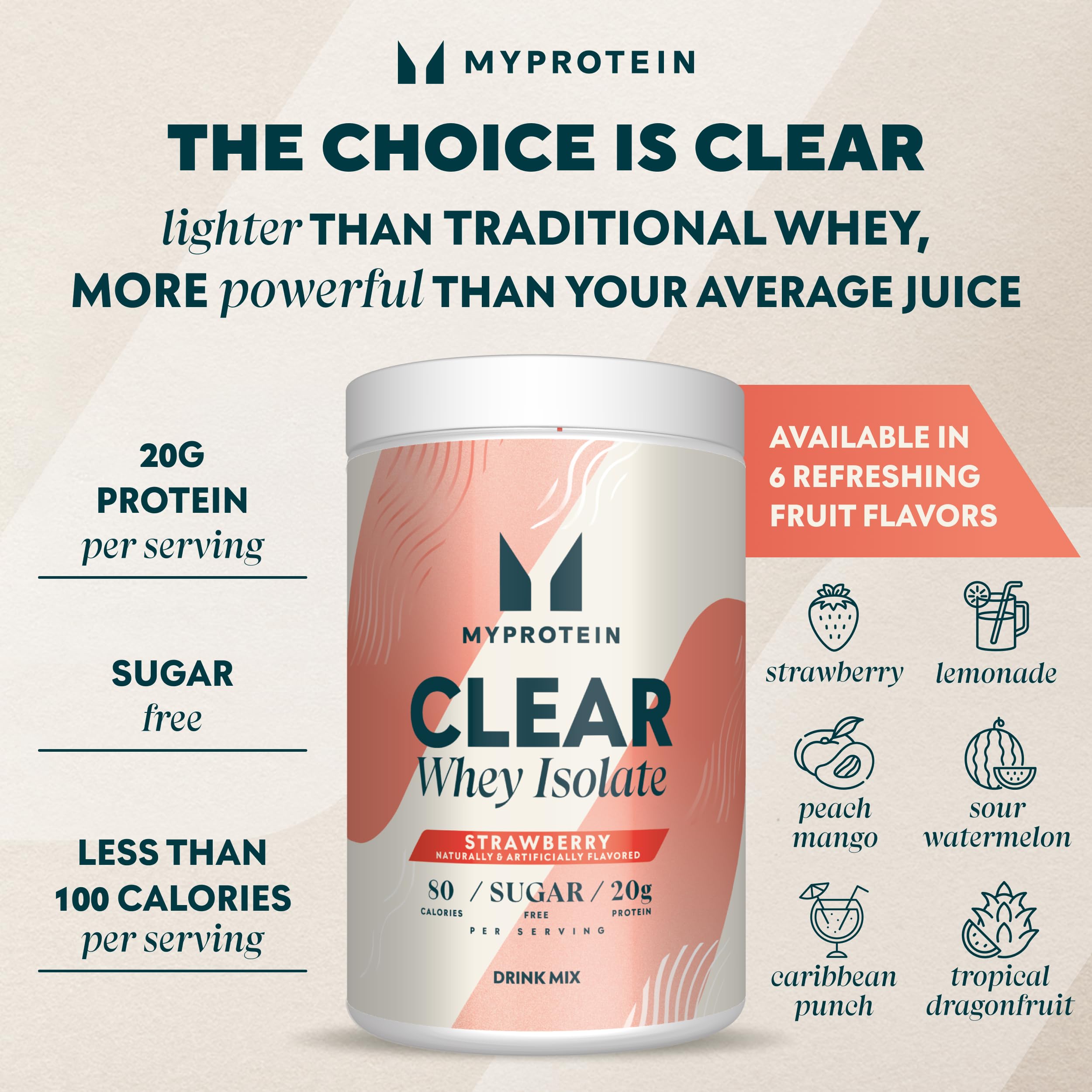 Myprotein Clear Whey Isolate Strawberry label close up highlights nutrition