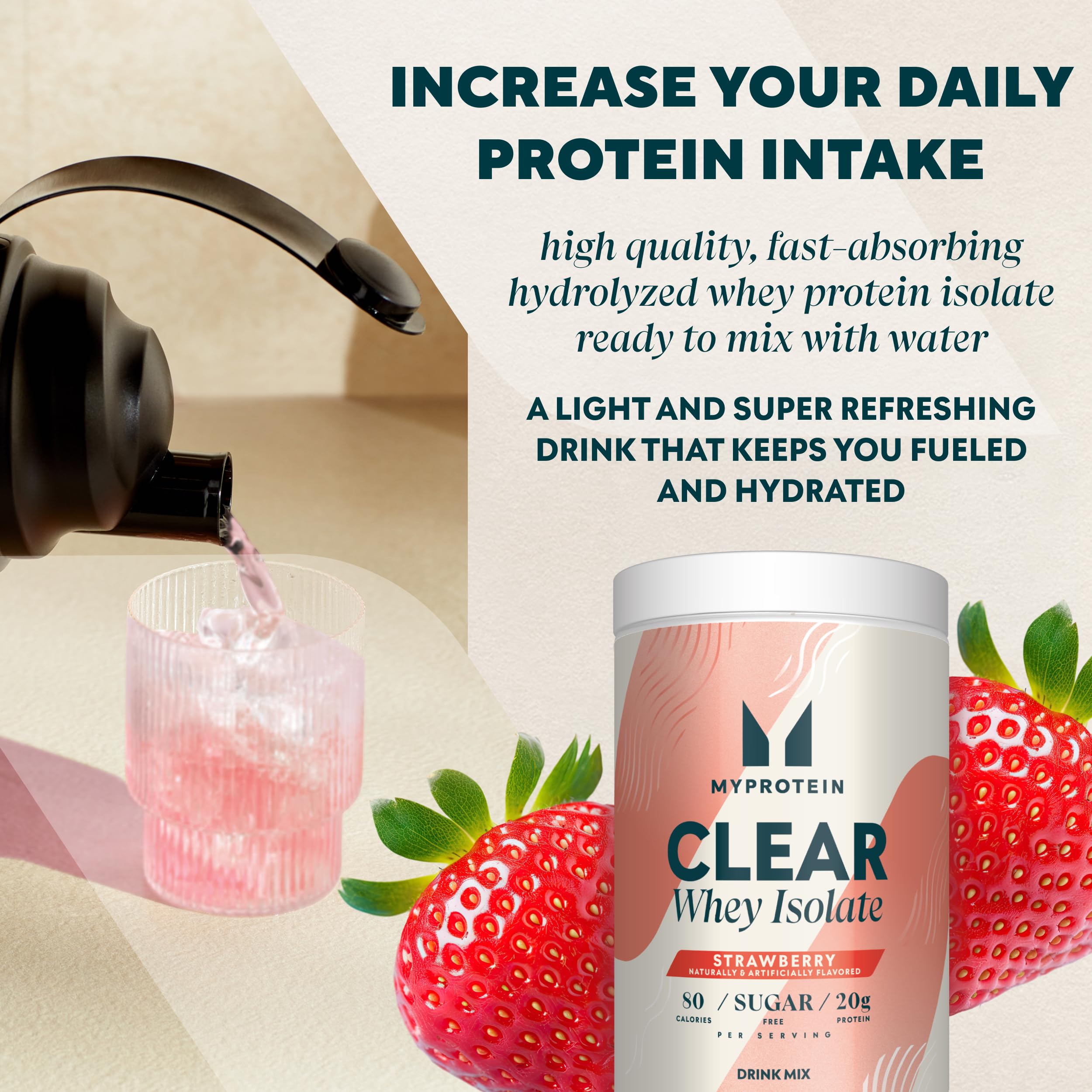 Myprotein Clear Whey Isolate Strawberry studio shot reflects premium, mixable protein powder
