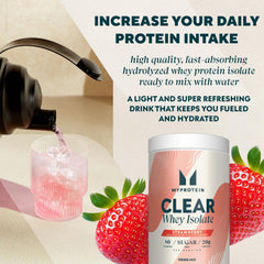 Myprotein Clear Whey Isolate Strawberry studio shot reflects premium, mixable protein powder