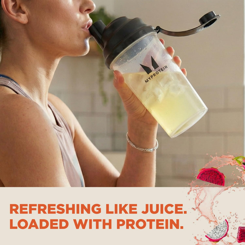 Myprotein Clear Whey Isolate tropical dragonfruit pour shows a translucent juice-like texture