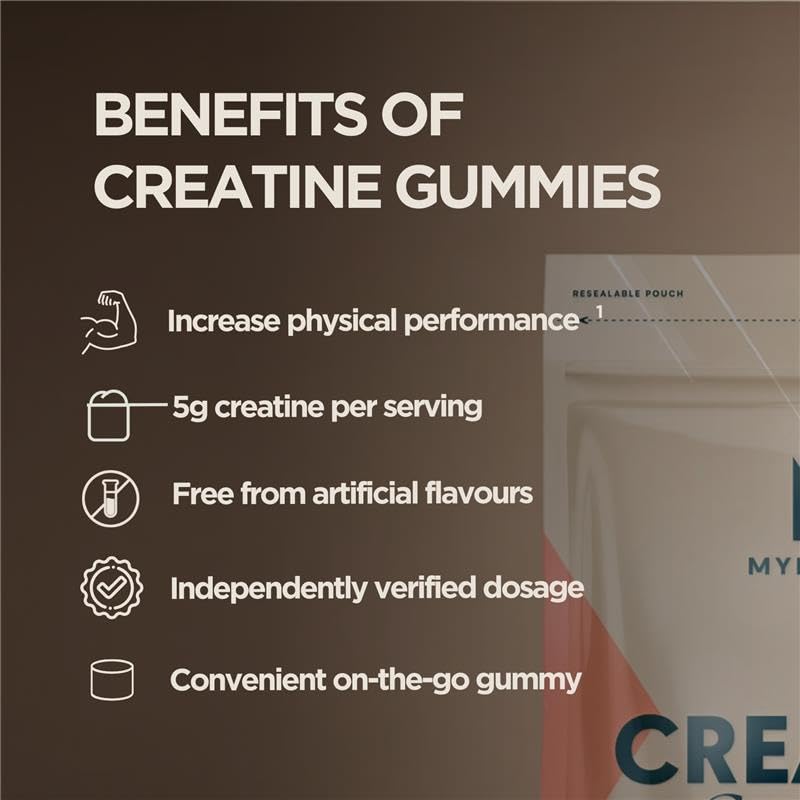 Myprotein Creatine Gummies Peach bottle emphasizing vegan, non-GMO formula