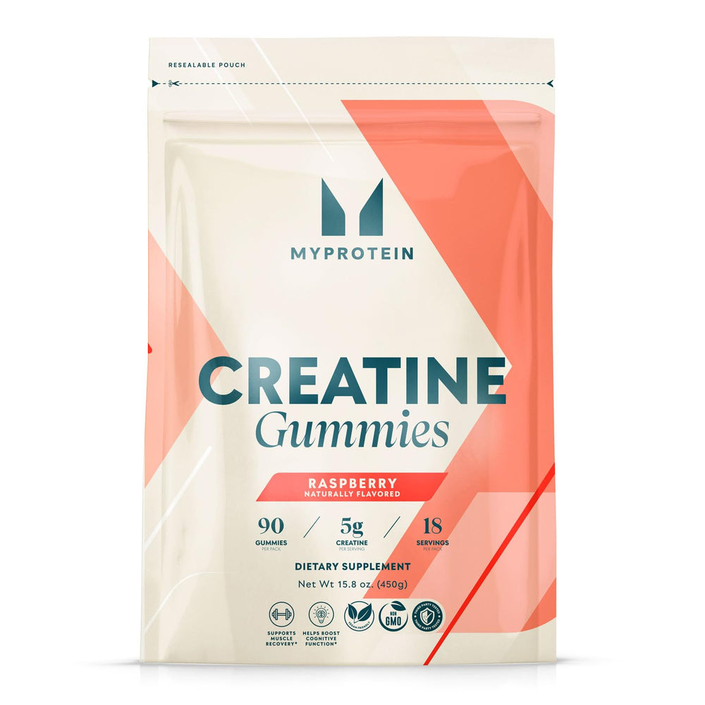 Myprotein Creatine Gummies Raspberry bottle showing 5g per serving and flavor cue