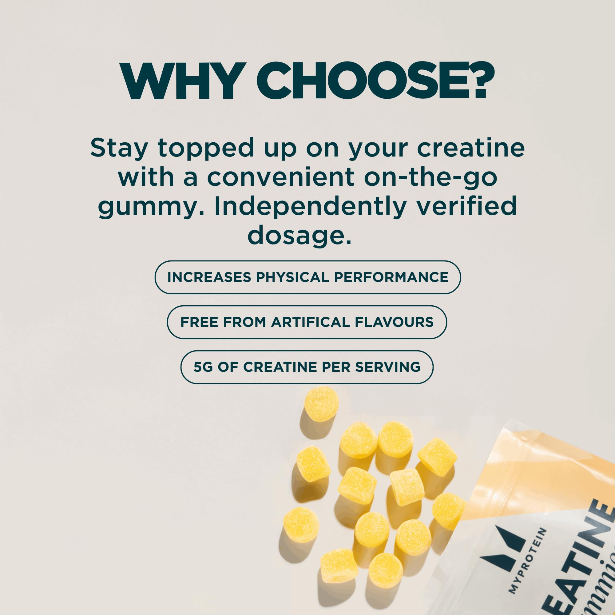Myprotein Creatine Gummies raspberry flavor showing daily intake five gummies.