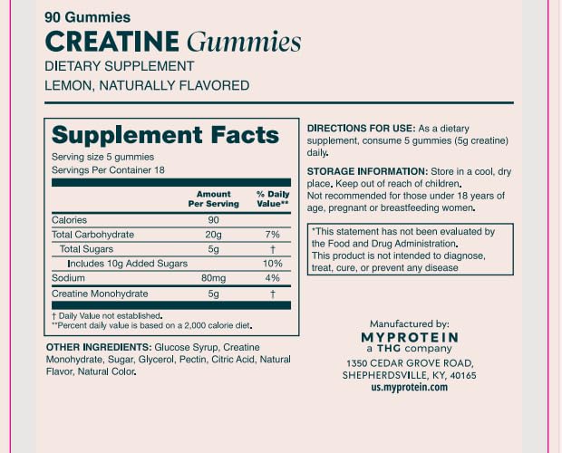 Myprotein Creatine Gummies vegan and non-GMO packaging emphasized.
