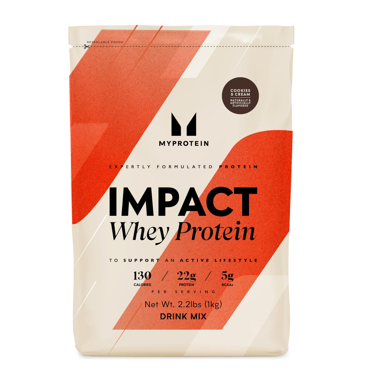 Myprotein Impact Whey Cookies & Cream tub showing rich flavor and 22g protein per serving