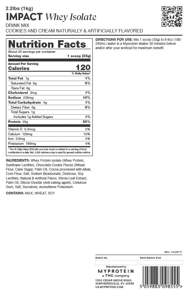Myprotein Impact Whey Isolate Cookies & Cream label with nutrition facts