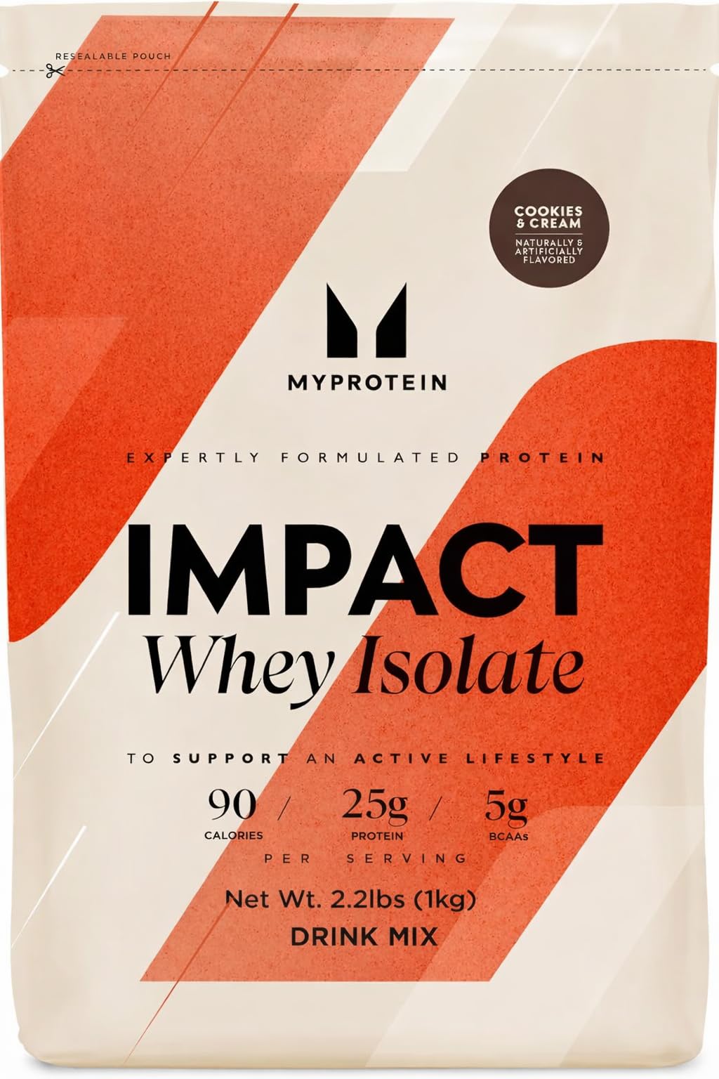 Myprotein Impact Whey Isolate Cookies & Cream tub displaying packaging and serving size