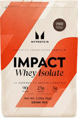 Myprotein Impact Whey Isolate Cookies & Cream tub displaying packaging and serving size