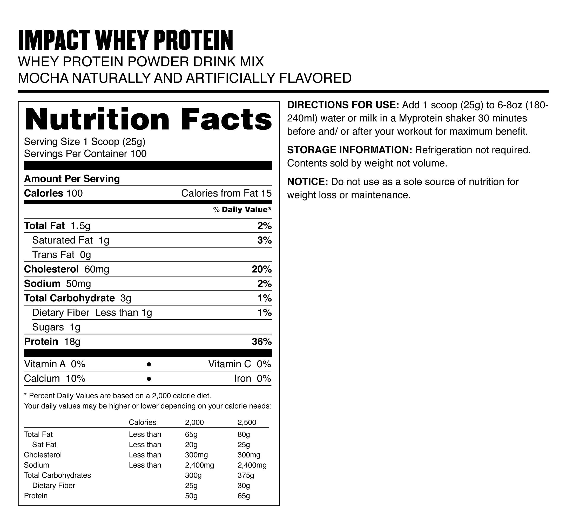Nutrition panel of Myprotein Impact Whey Isolate Mocha highlighting protein per serving.
