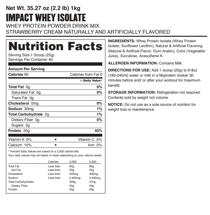 Myprotein Impact Whey Isolate Strawberry ingredients panel highlights protein quality