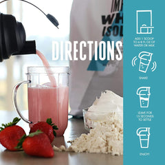 Myprotein Impact Whey Isolate Strawberry powder being poured for a shake