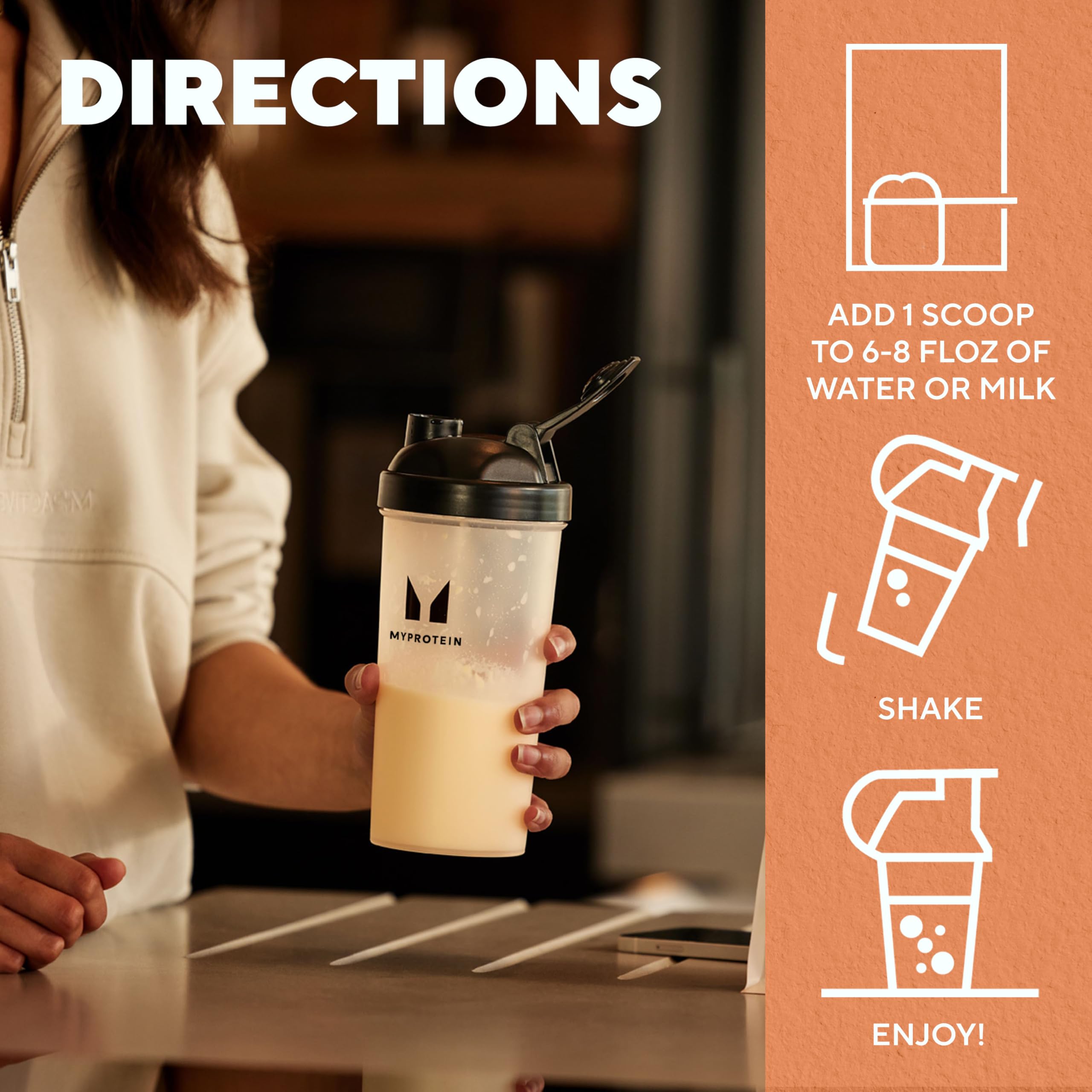 Myprotein Impact Whey Protein Isolate powder being dispensed for precise servings