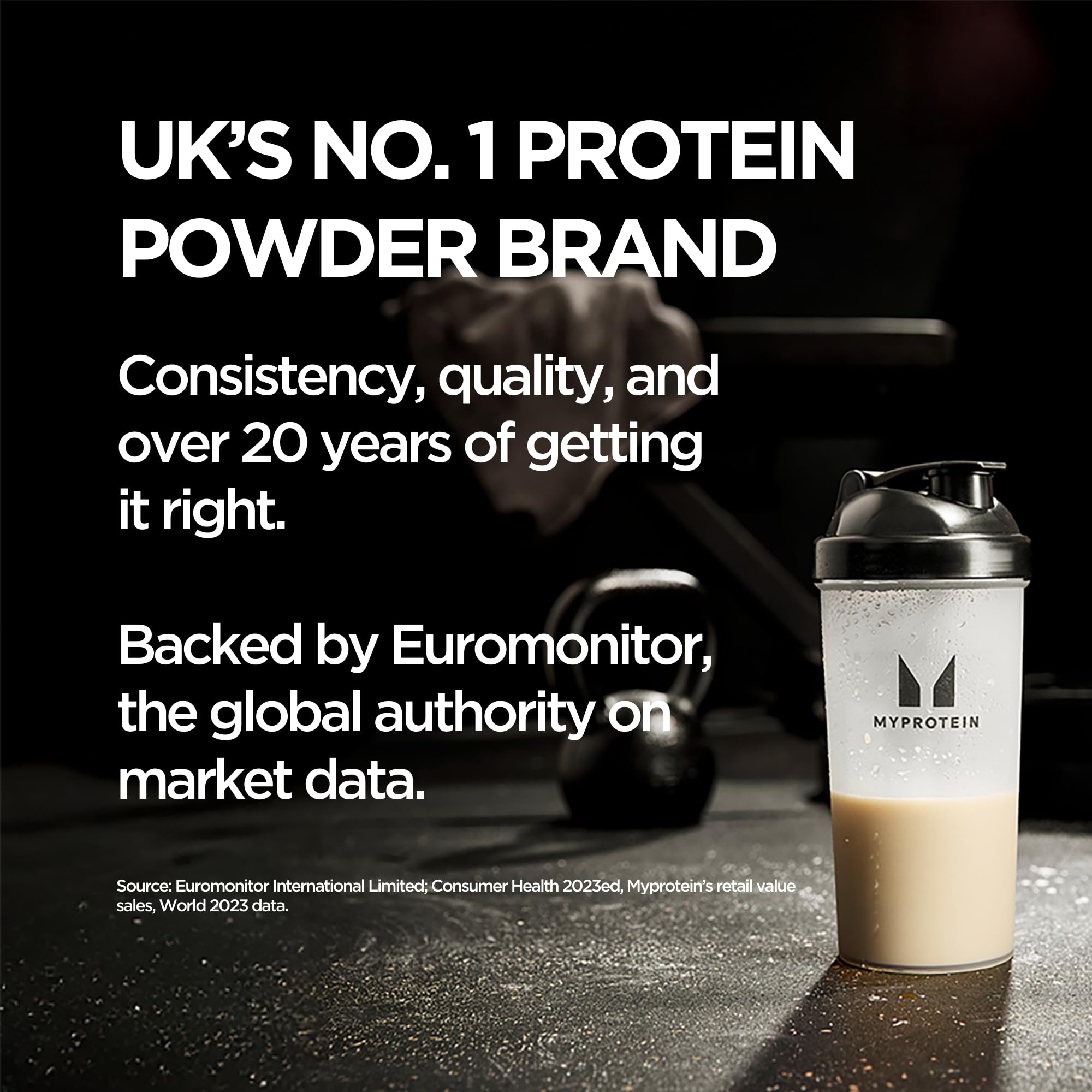 Myprotein Impact Whey Protein Isolate tub on shelf shows convenient packaging