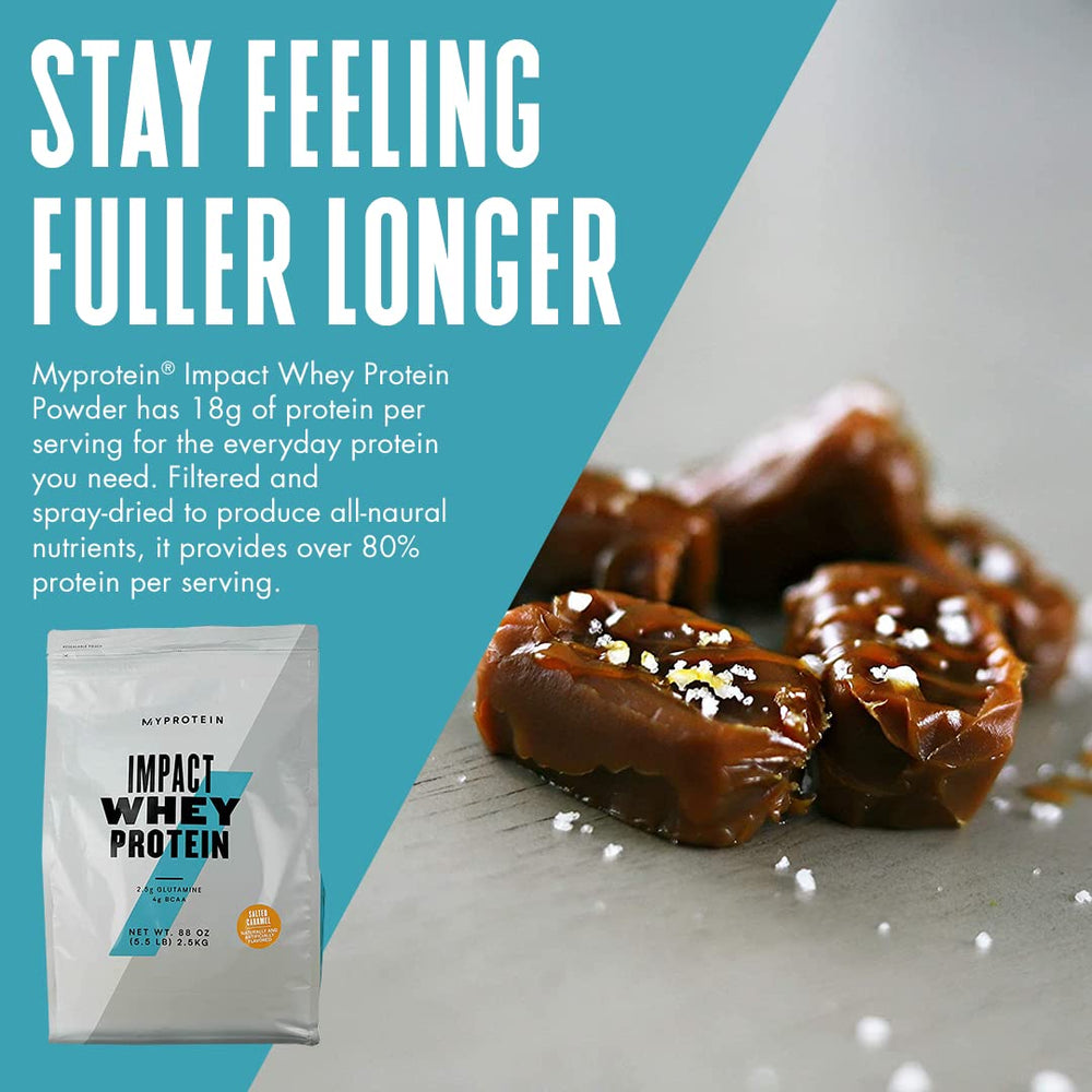 Pouring salted caramel whey into a glass to fuel workouts.