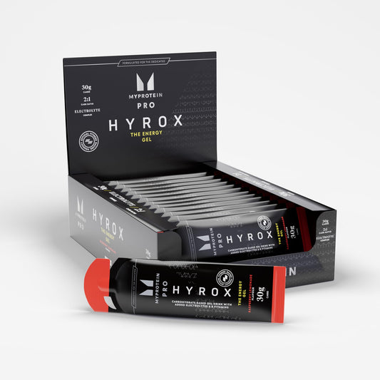 Myprotein Pro X HYROX Energy Gel Raspberry Lemonade pack for endurance fueling.