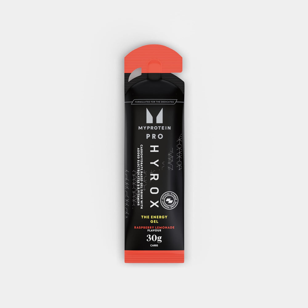 Close-up of Myprotein Pro X HYROX energy gel sachet highlighting 30g carbs.