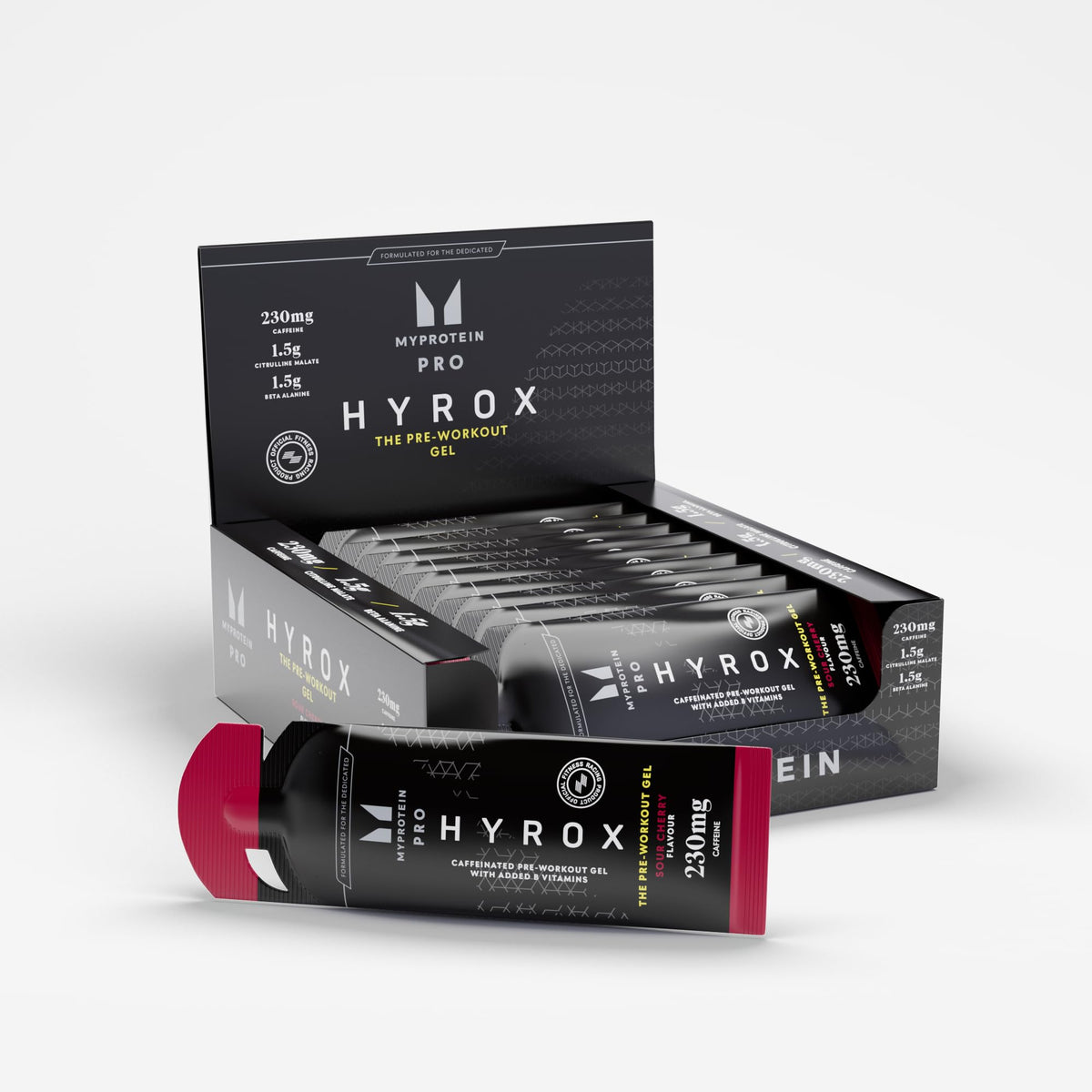 Myprotein Pro x HYROX pre-workout gel pack open for quick energy before training