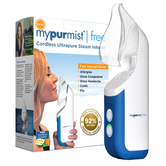 Mypurmist Free cordless steam inhaler for portable relief on the go.
