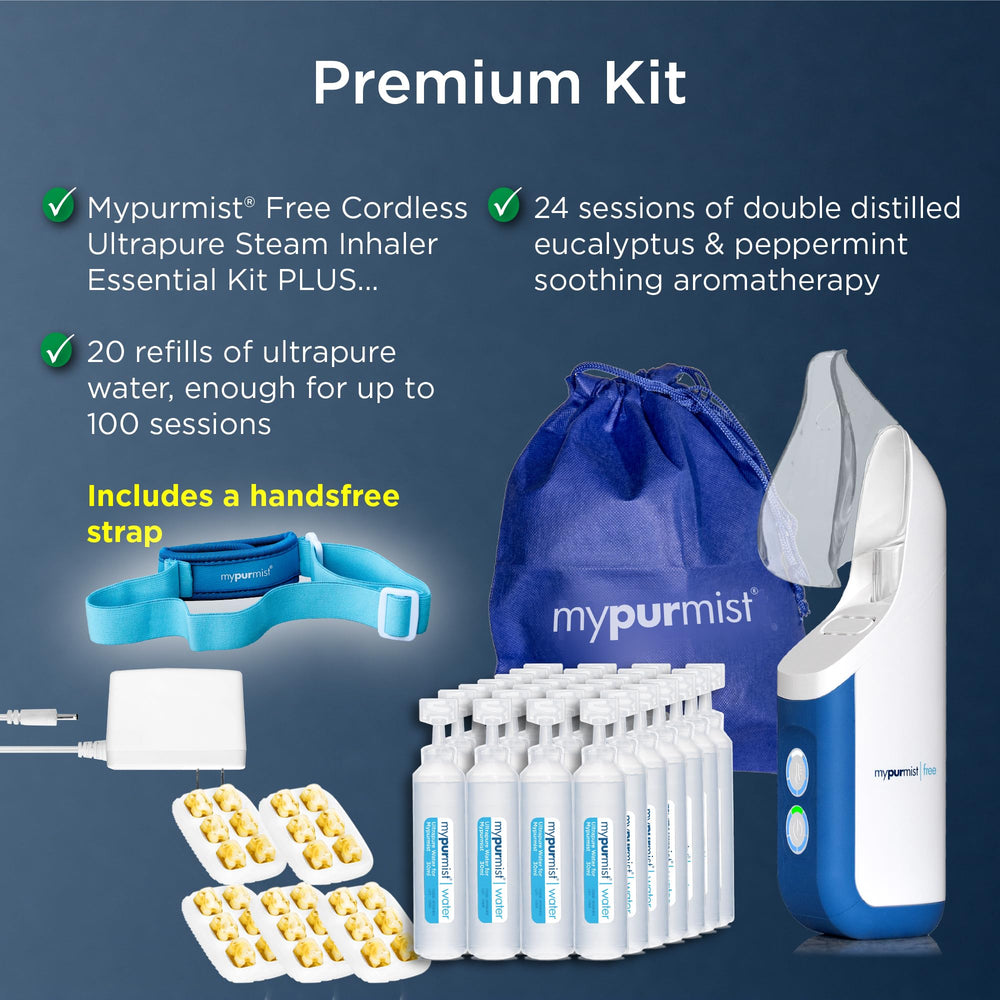 Mypurmist Free in use with hands-free strap for easy, hands-free steam therapy.