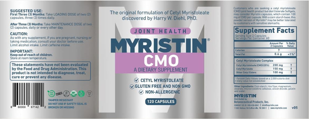 Close-up of Myristin CMO capsules highlighting convenient softgel form