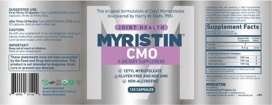 Close-up of Myristin CMO capsules highlighting convenient softgel form