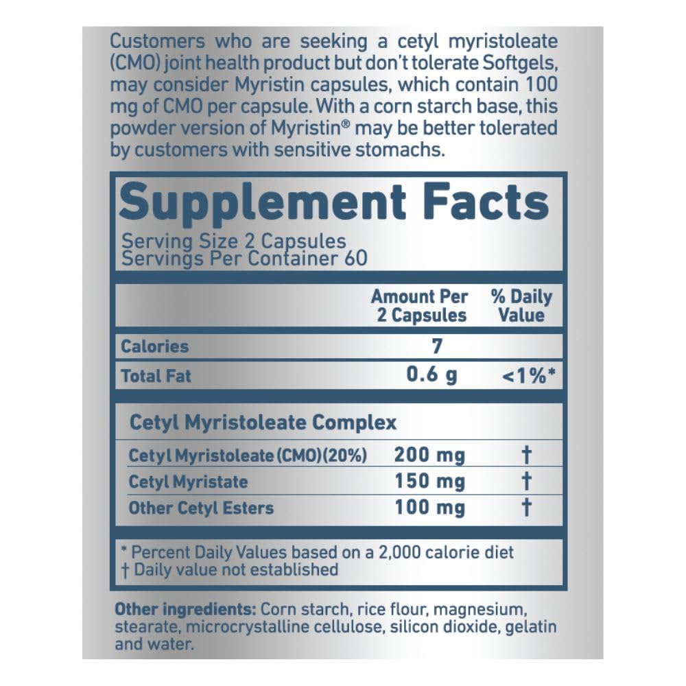 Myristin CMO label showing product details and dosage guidance