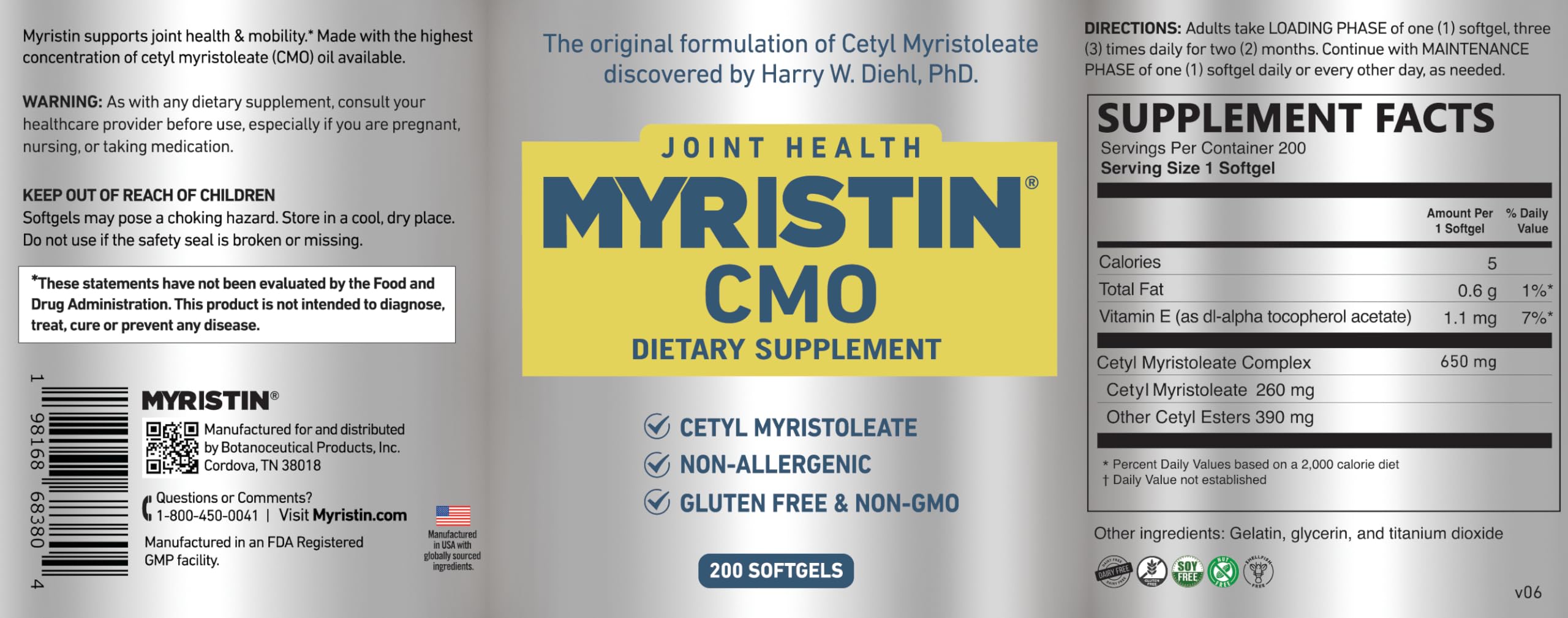 Myristin joint support softgels bottle emphasizes allergen-free, non-GMO daily comfort.