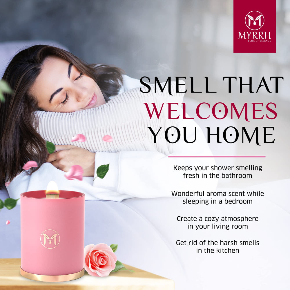 Myrrh Bliss of Essence Rose Candle glow enhances bathroom atmosphere