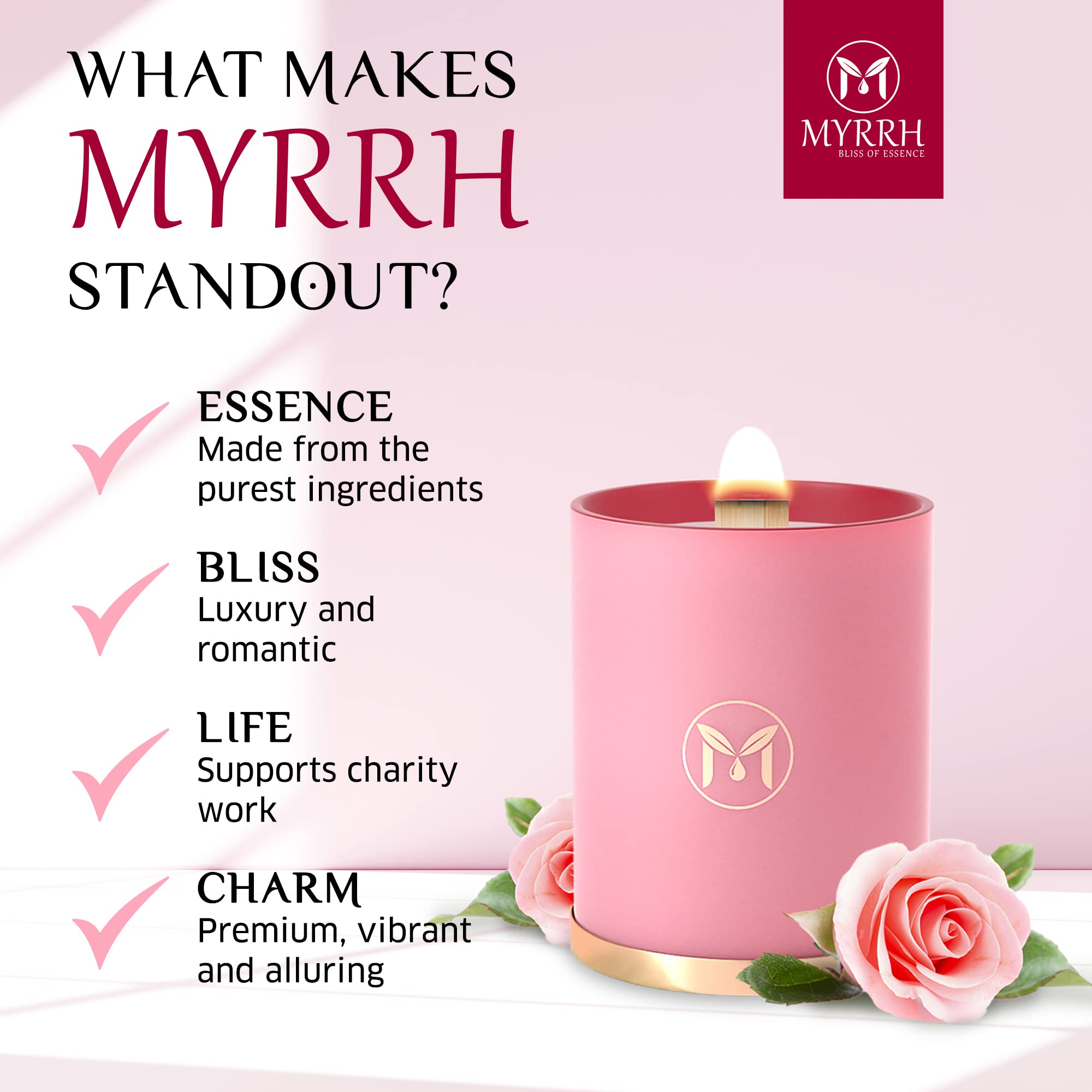 Myrrh Bliss of Essence Rose Candle in room adds inviting ambiance