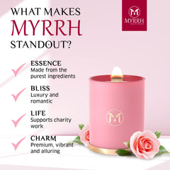 Myrrh Bliss of Essence Rose Candle in room adds inviting ambiance