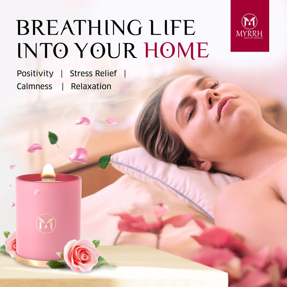 Myrrh Bliss of Essence Rose Candle label closeup shows premium design