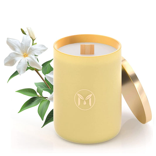 Myrrh Bliss Arabian Jasmine candle in a glass jar enhancing home ambiance.