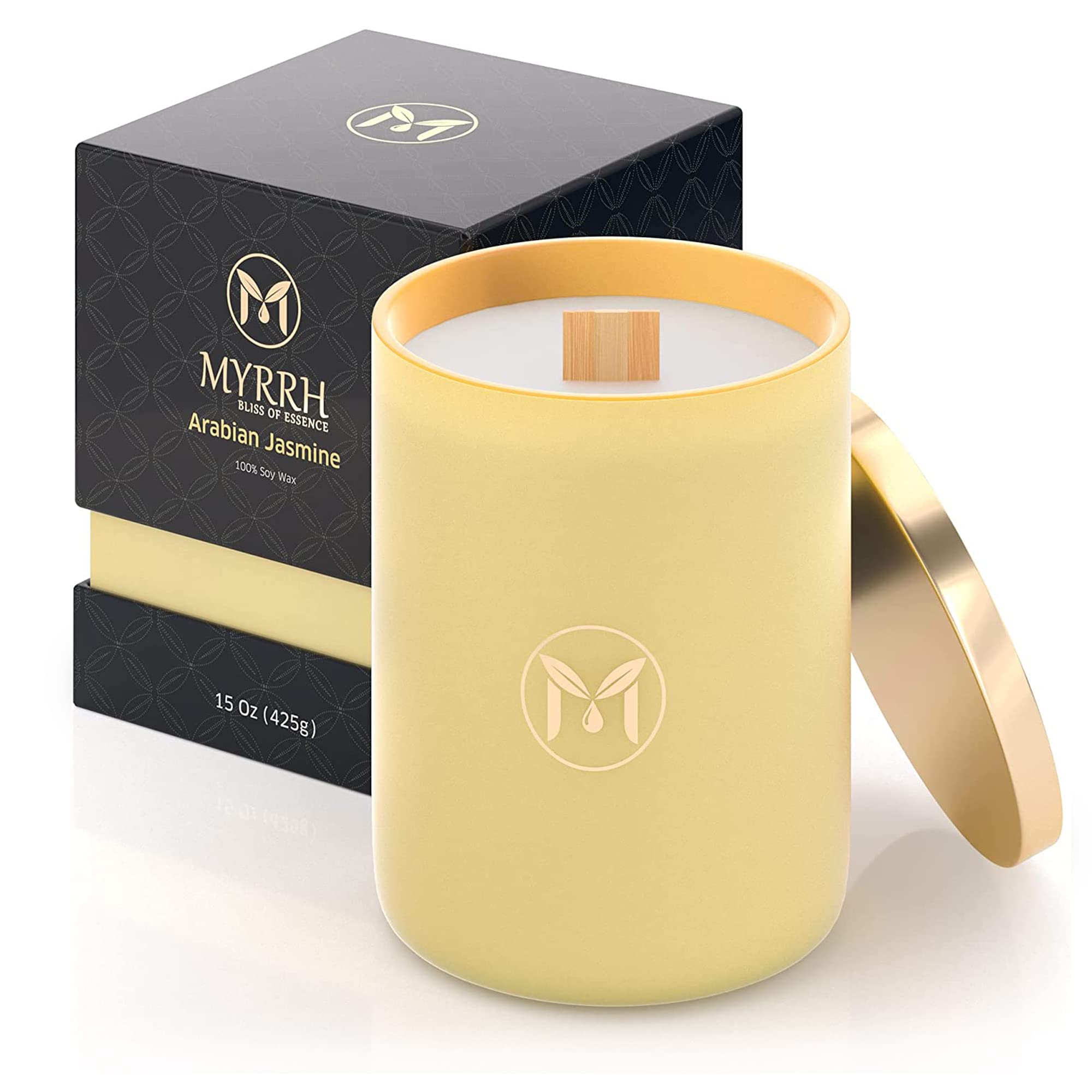 Myrrh Bliss crackling wooden wick close-up for a cozy fireside feel.